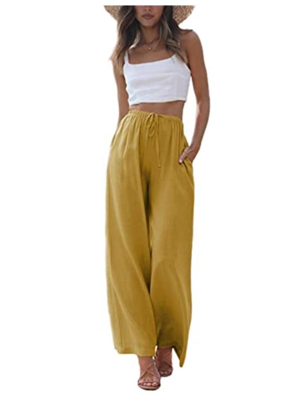 Yellow Wide Leg Palazzo Pants Linen Cotton Flowy Beach Trousers Pockets